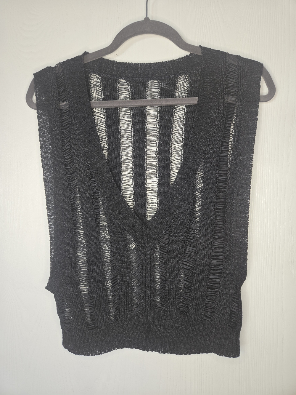 Black Distressed Knit V-Neck Sweater Vest